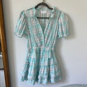 Stylish Plaid Mini Dress in light teal & pink by Mable